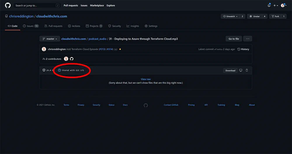 GitHub Page showing that the file is Stored with Git LFS
