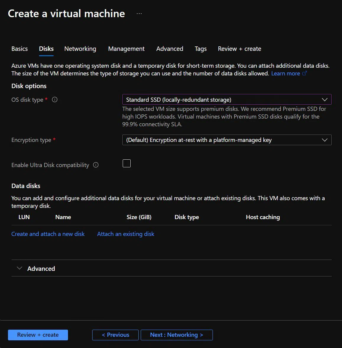 Screenshot showing the initial Virtual Machine creation blade in the Azure Portal