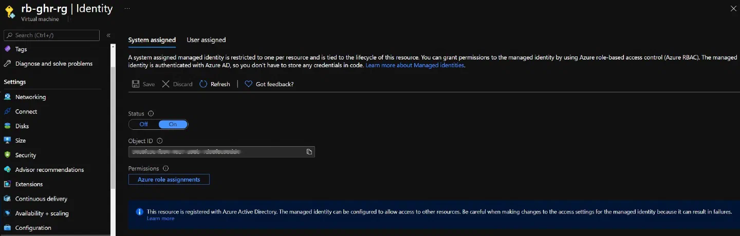 Screenshot showing the configuration of a System Assigned Identity in the Azure VM Resource in Azure Portal