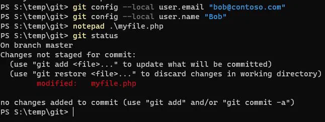 Git status showing Bob&rsquo;s Commit