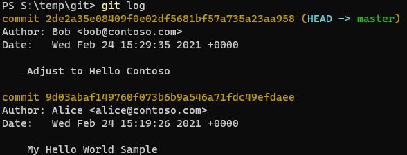 Git log showing Alice and Bob&rsquo;s commits