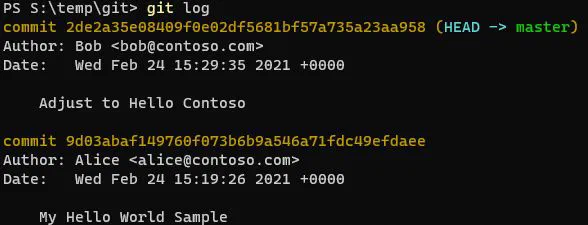 Git log showing Alice and Bob&rsquo;s commits