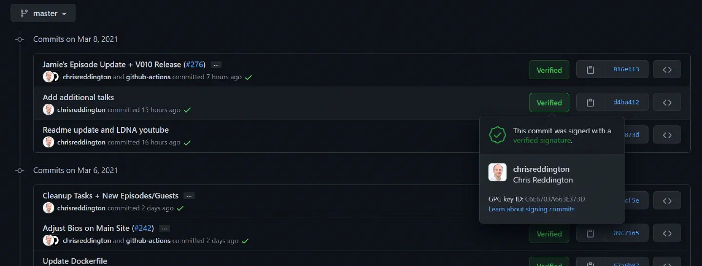 GitHub showing verified commits in history view GitHub showing verified commits in history view
