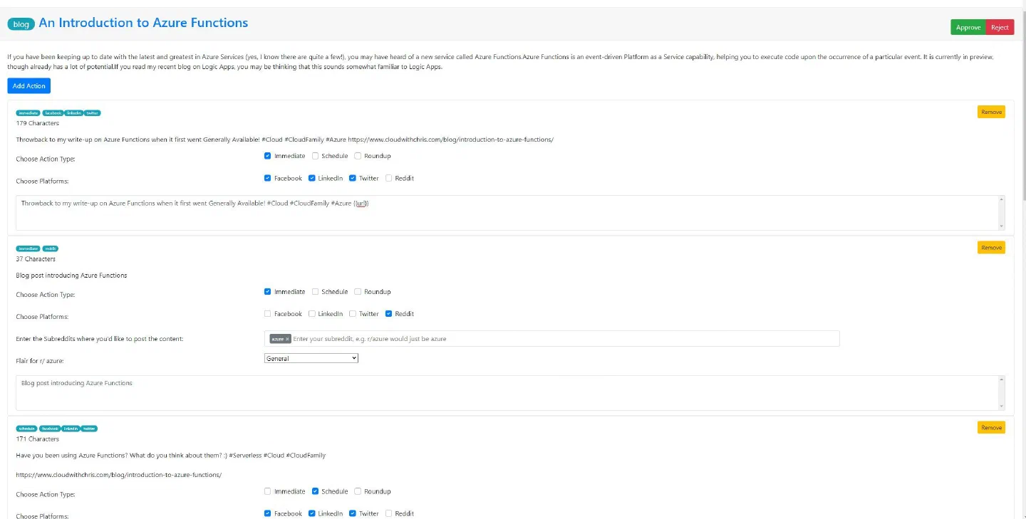 Screenshot showing the Approvals UI with multiple actions for a Blog Content Item. One action is immediate to Facebook, Twitter and LinkedIn. One Action is Immediate to Reddit. One Action is scheduled to Facebook, LinkedIn and Twitter. Screenshot showing the Approvals UI with multiple actions for a Blog Content Item. One action is immediate to Facebook, Twitter and LinkedIn. One Action is Immediate to Reddit. One Action is scheduled to Facebook, LinkedIn and Twitter.