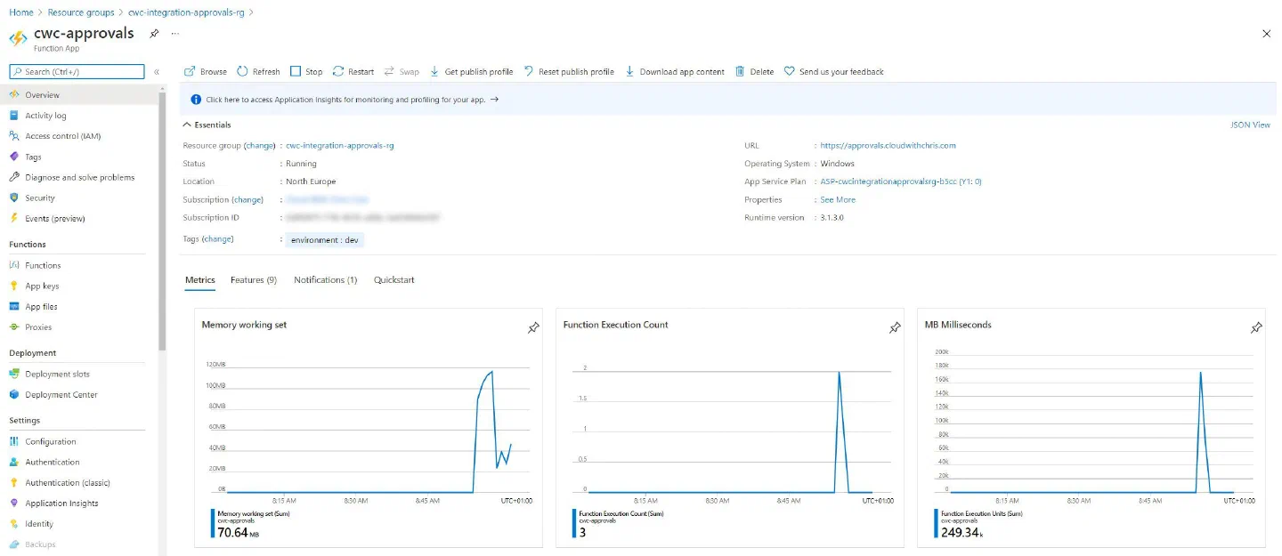 Screenshot showing the Azure Function is based on the serverless plan. Screenshot showing the Azure Function is based on the serverless plan.