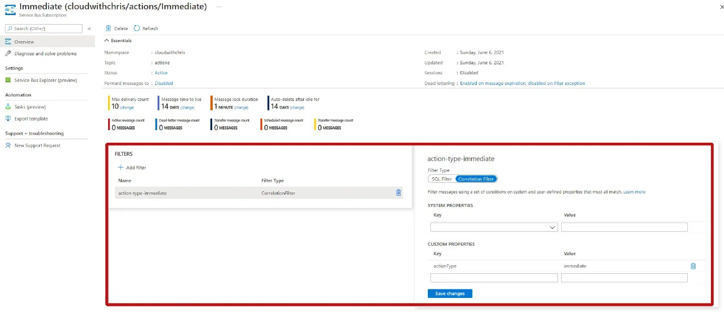 Screenshot a filter on one of the Azure Service Bus Topic/Subscriptions Screenshot a filter on one of the Azure Service Bus Topic/Subscriptions
