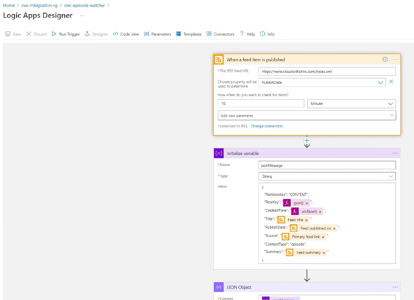 Screenshot showing a Logic App with an RSS feed Publish Trigger, Initialise Variable Task and JSON Object task Screenshot showing a Logic App with an RSS feed Publish Trigger, Initialise Variable Task and JSON Object task