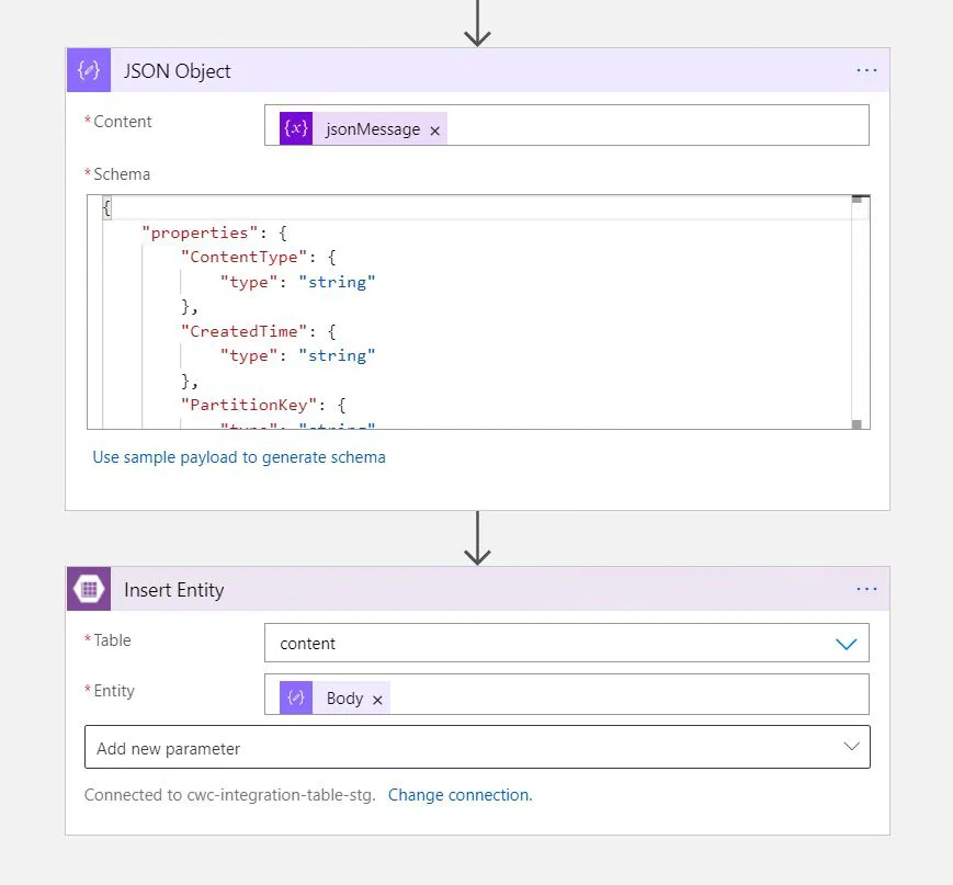 Screenshot showing a Logic App JSON Object task and Insert Entity to Table Storage Task Screenshot showing a Logic App JSON Object task and Insert Entity to Table Storage Task