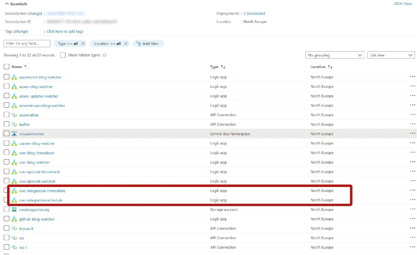 Screenshot showing a list of Azure Logic Apps in a Resource Group. Two are highlighted (cwc-integration-immediate and cwc-integration-schedule), which are Logic Apps used in the processing phase Screenshot showing a list of Azure Logic Apps in a Resource Group. Two are highlighted (cwc-integration-immediate and cwc-integration-schedule), which are Logic Apps used in the processing phase