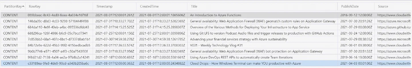 Screenshot showing several records in Azure Table Storage with the same PartitionKey and different RowKey Screenshot showing several records in Azure Table Storage with the same PartitionKey and different RowKey
