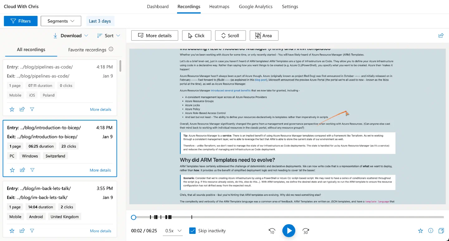 Screenshot showing an example recording view