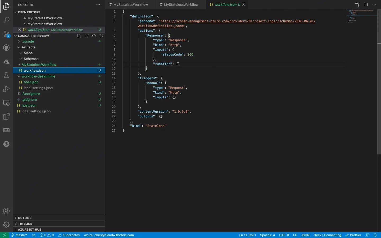 Screenshot of the Logic Apps Preview in VSCode with the workflow.json code for a HTTP Request Trigger and an HTTP Response