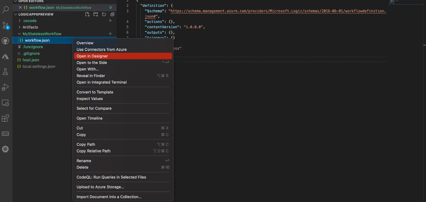 Screenshot showing the menu options when right clicking the workflow.json file