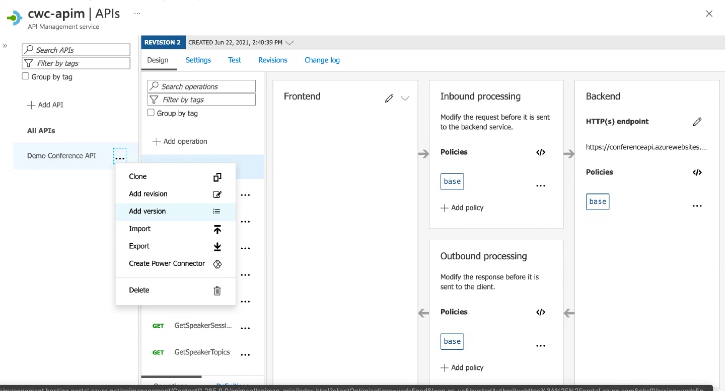 Screenshot showing the Add version option for an API