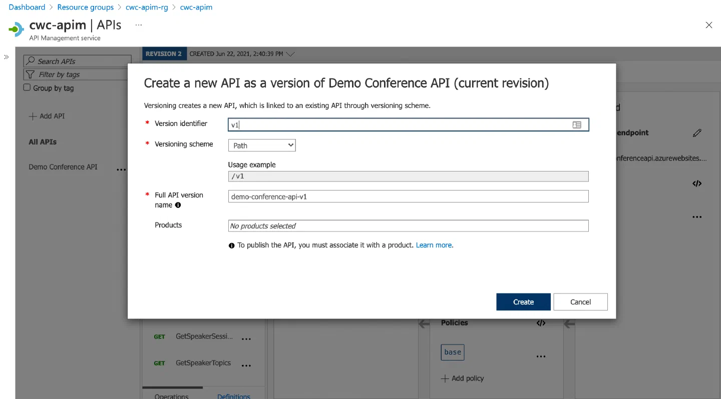 Screenshot showing the creation experience for a new API version