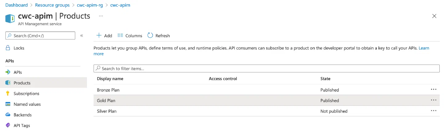 Screenshot showing an example list of products in an API Management instance