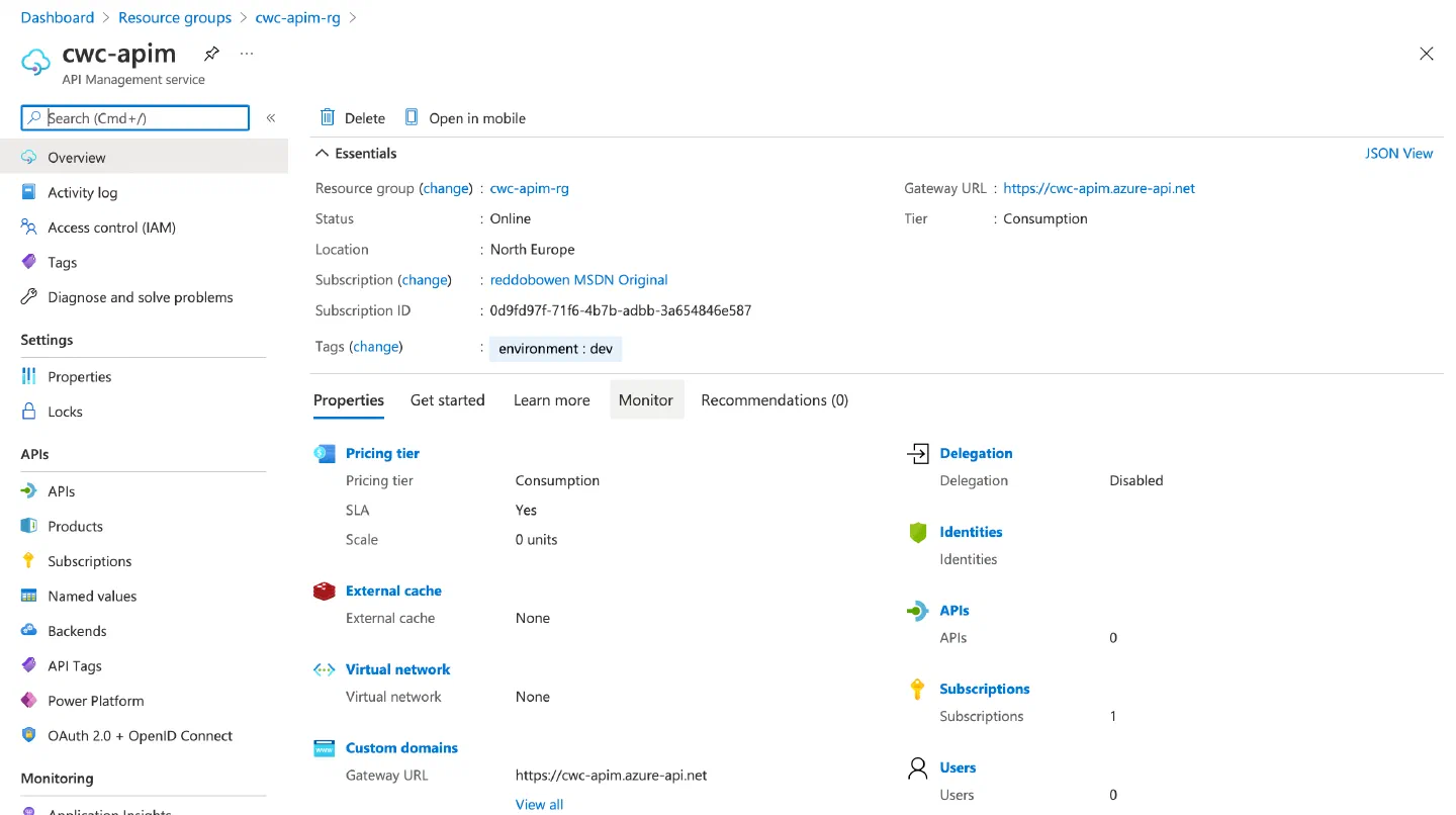API Management Resource in the Azure Portal