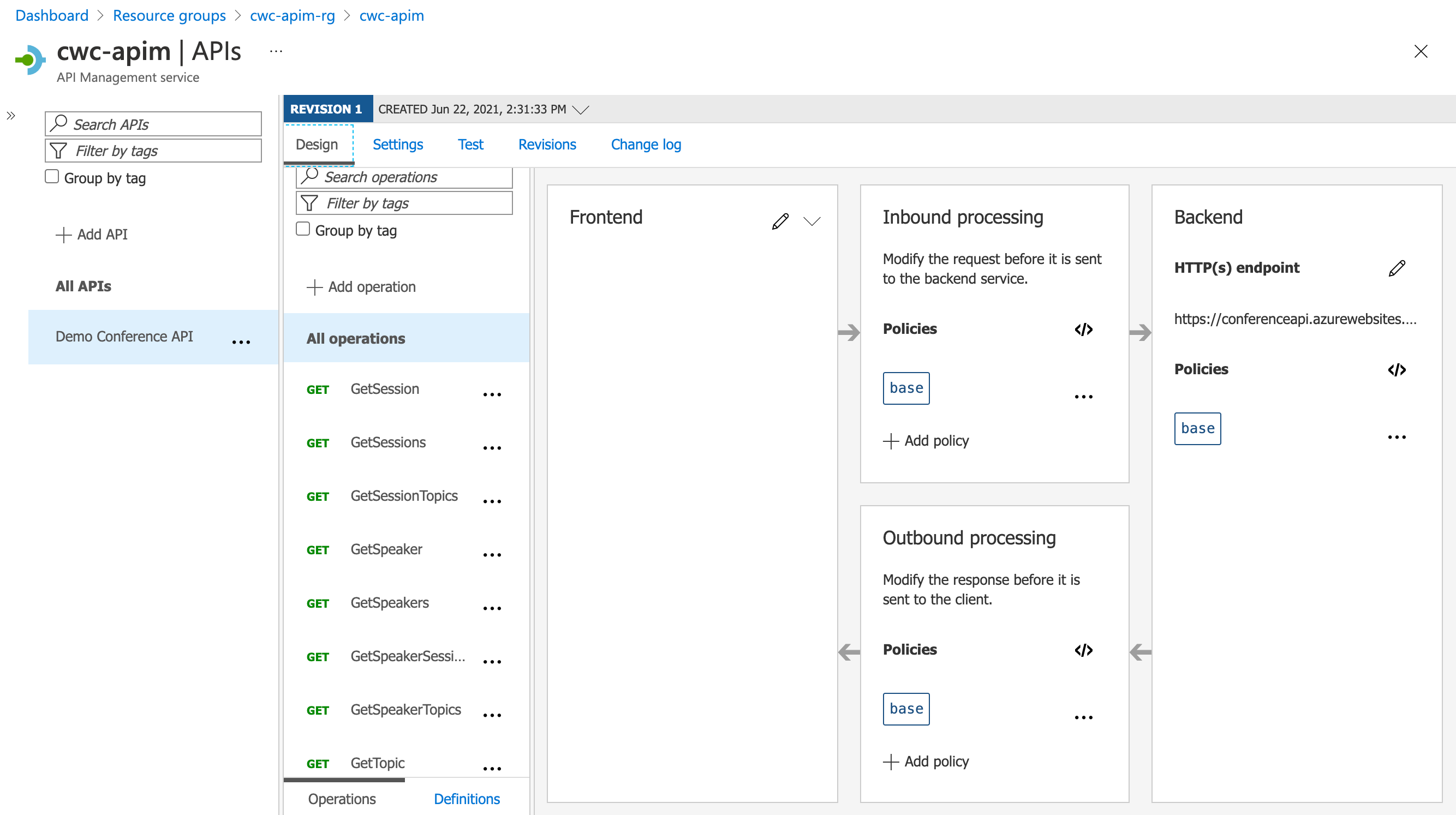 Screenshot showing a new API defined and the associated API operations, as well as configuration options