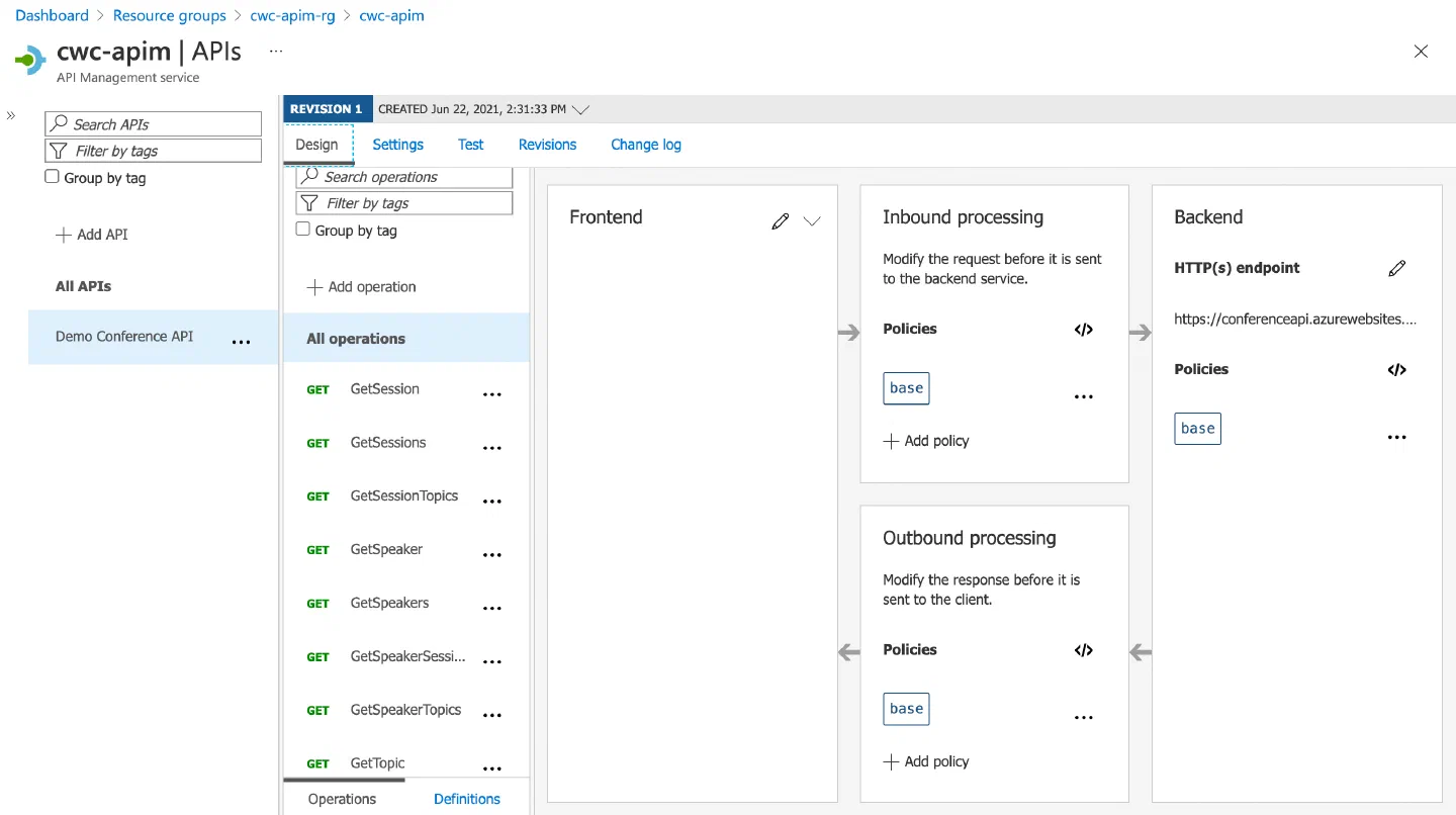 Screenshot showing a new API defined and the associated API operations, as well as configuration options