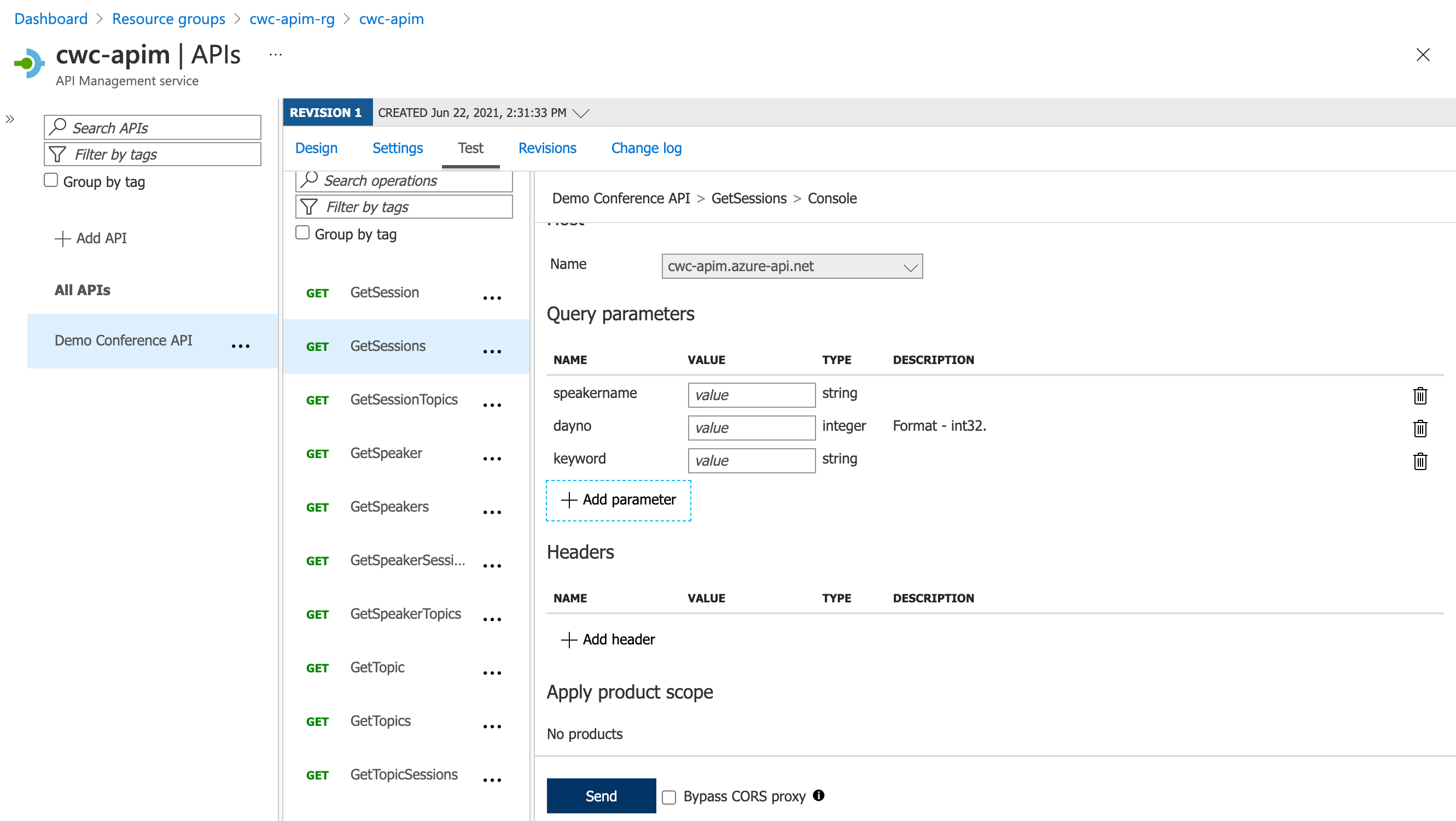 Screenshot showing the test tab of an API operation