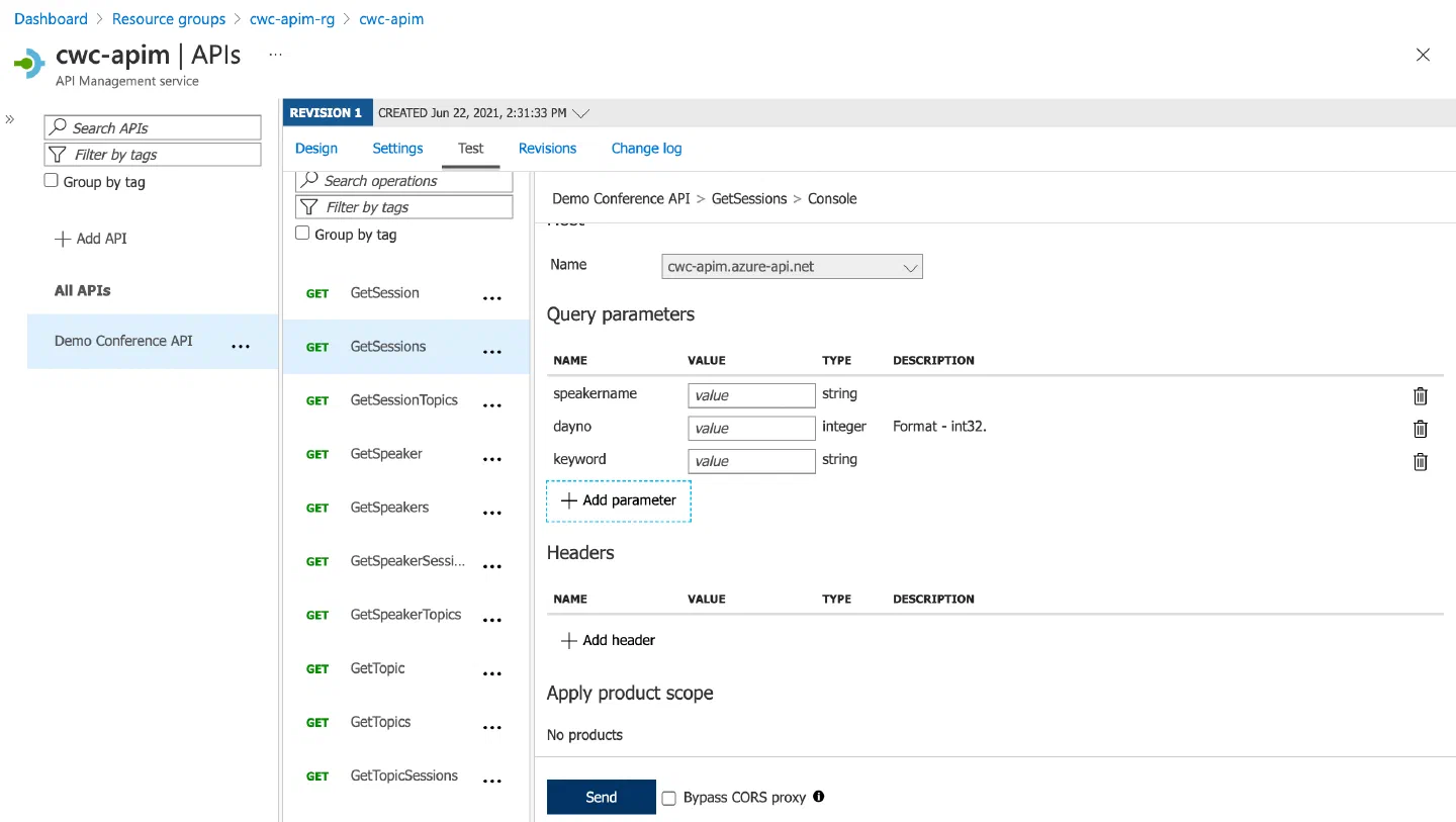 Screenshot showing the test tab of an API operation