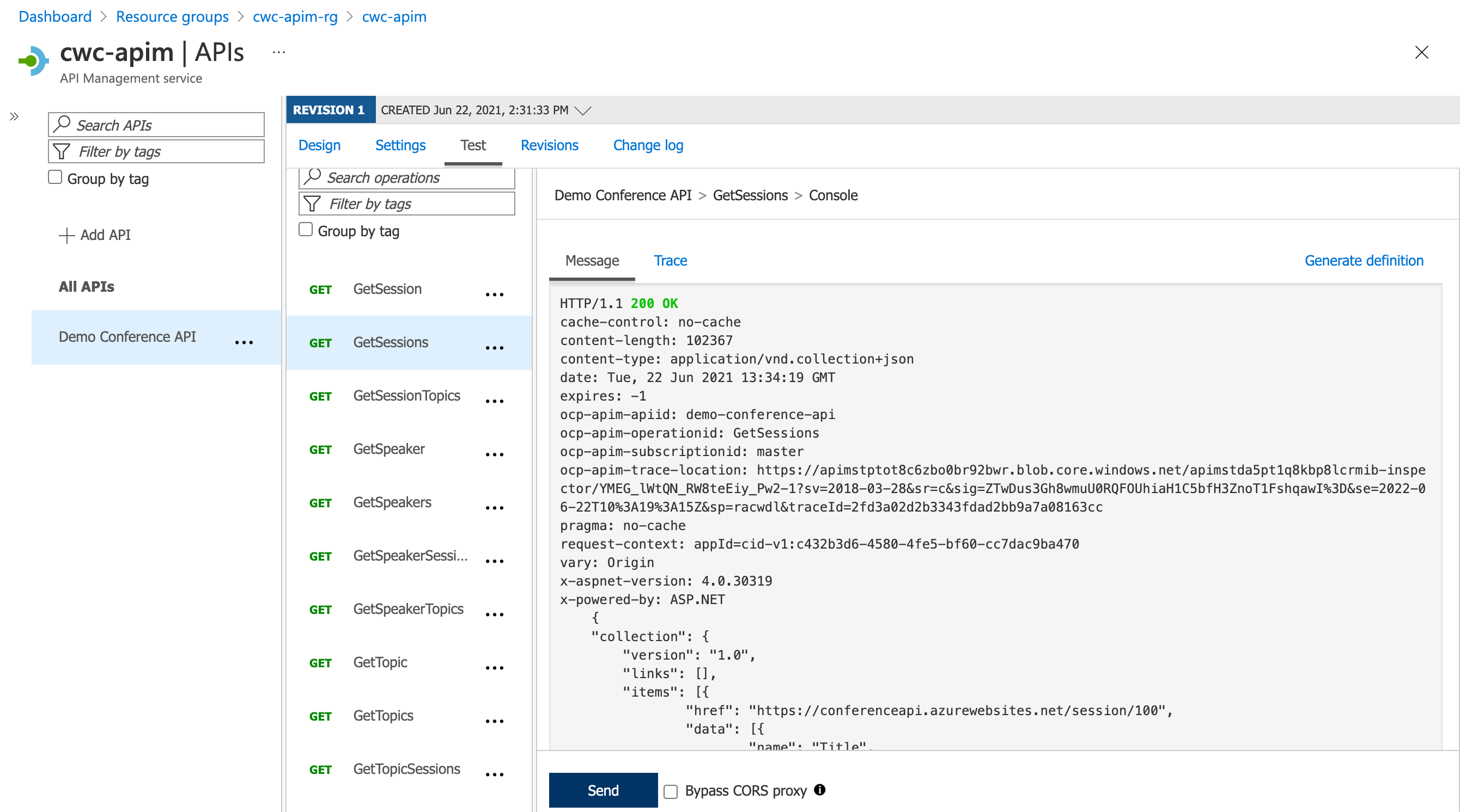 Screenshot showing a successful test of an API operation