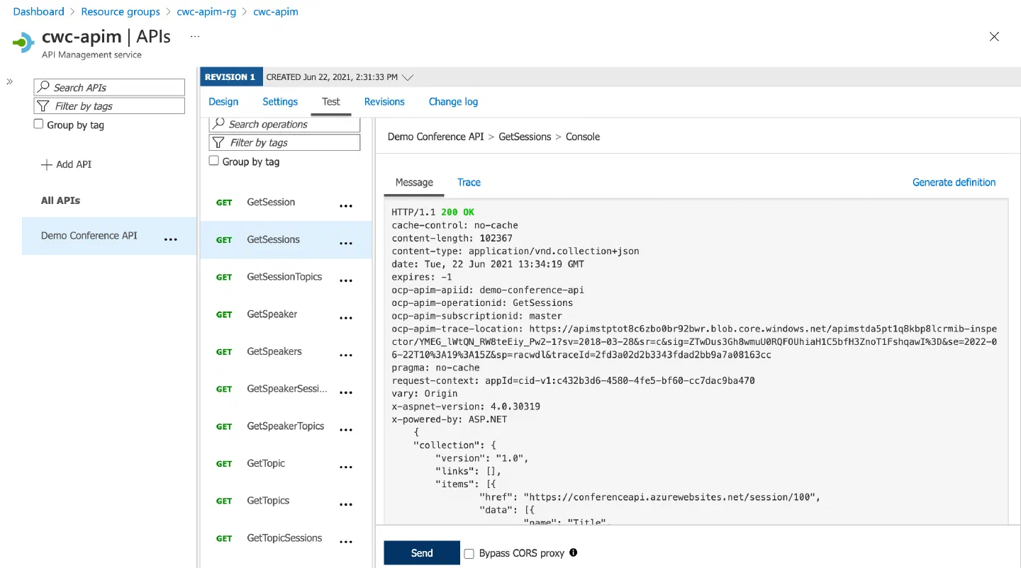 Screenshot showing a successful test of an API operation