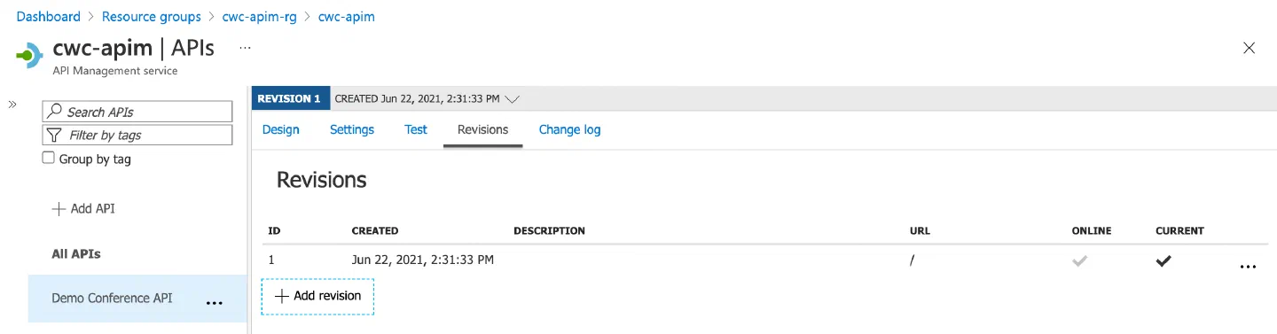 Screenshot showing the revisions tab of an API in API Management