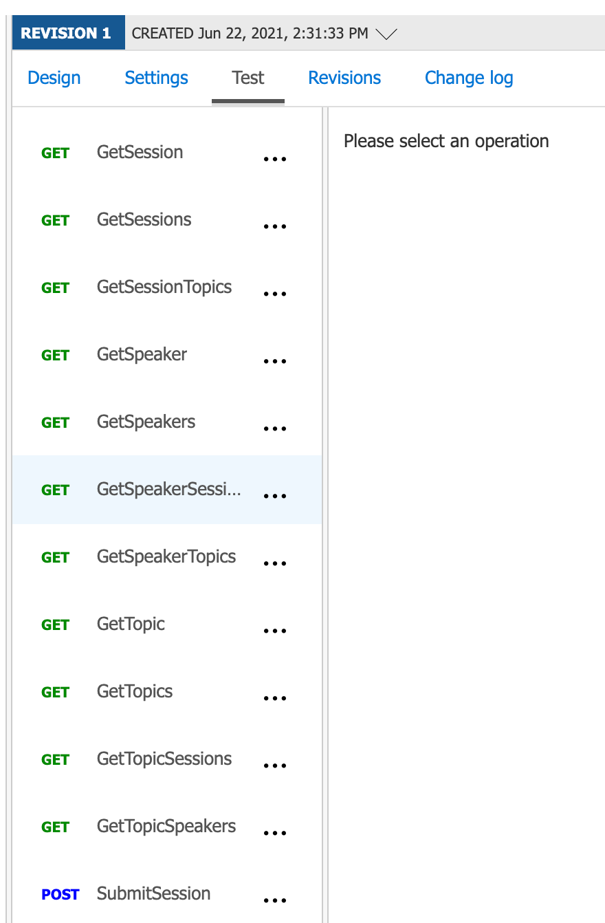 Screenshot showing that the revision is reverted to revision 1, and no longer contains the Test operation