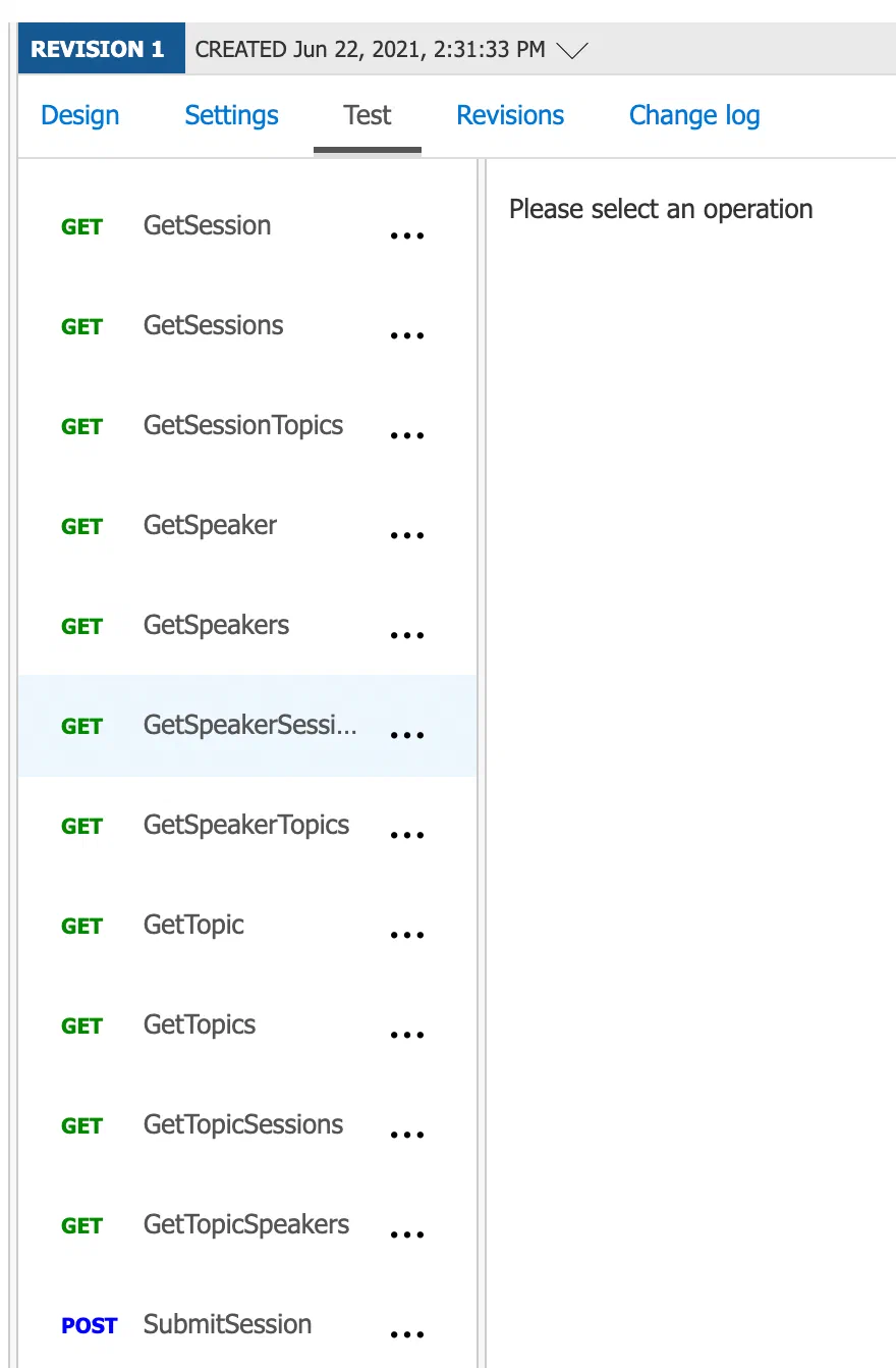 Screenshot showing that the revision is reverted to revision 1, and no longer contains the Test operation