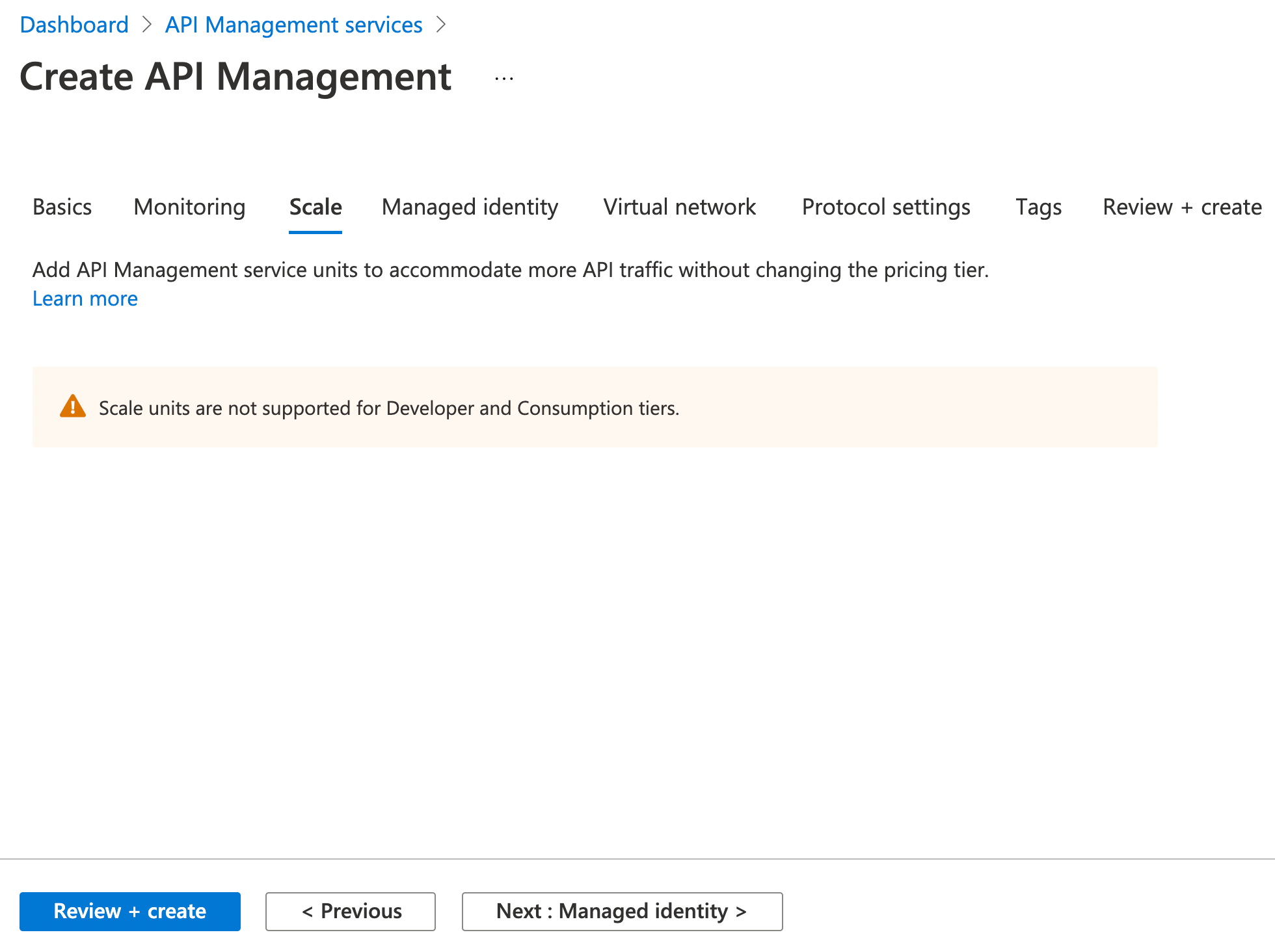 Scale units are not supported for Developer or Consumption Tier API Management resources