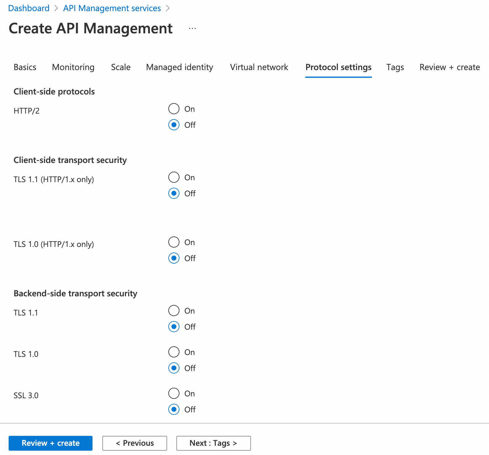Protocol settings - Client-side protocols, client-side transport security, backend-side transport security