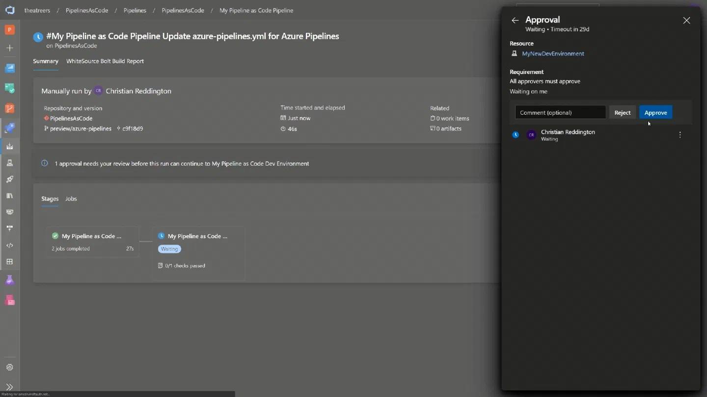 Screenshot showing the pending approval in our dev environment Screenshot showing the pending approval in our dev environment