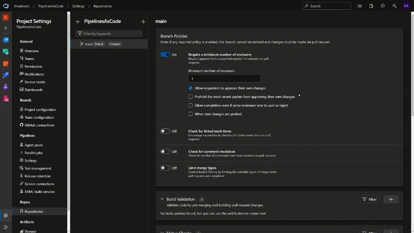 Screenshot showing the main branch policy configuration of reviewers as 1, and allowing requestors to approve their own changes Screenshot showing the main branch policy configuration of reviewers as 1, and allowing requestors to approve their own changes