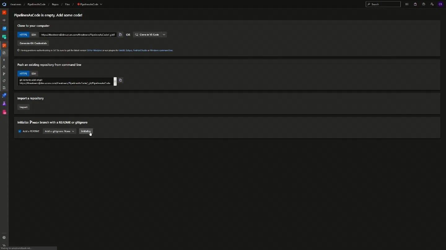 Initialise the default repository in our Azure DevOps project Initialise the default repository in our Azure DevOps project