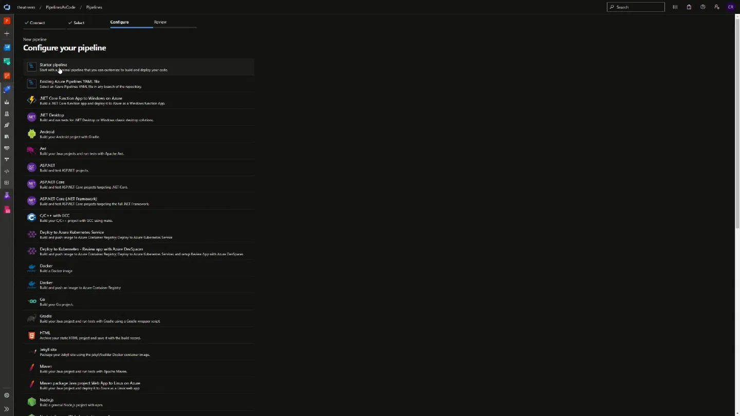 Screenshot showing starter pipeline, existing yaml file and several example samples Screenshot showing starter pipeline, existing yaml file and several example samples
