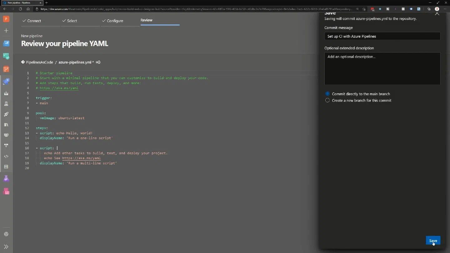 Screenshot showing a starter YAML pipeline being saved to the main branch Screenshot showing a starter YAML pipeline being saved to the main branch