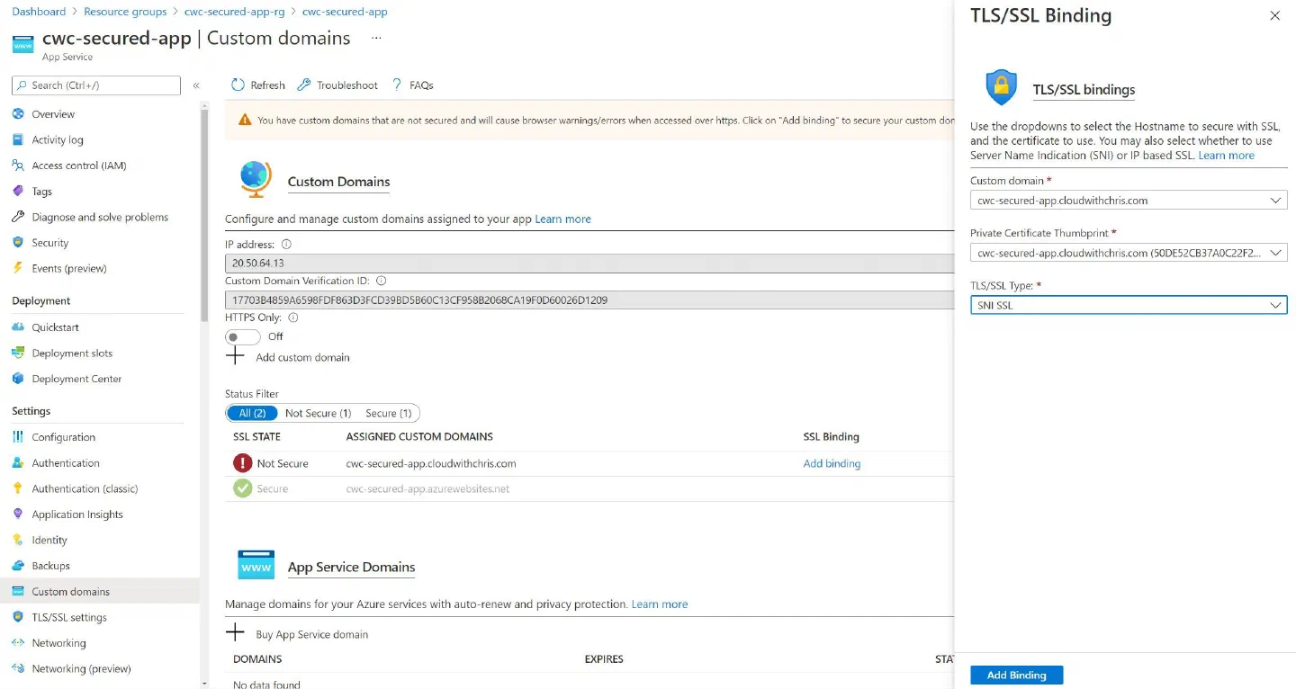 Screenshot showing the binding process between the custom domain and the newly generated certificate Screenshot showing the binding process between the custom domain and the newly generated certificate