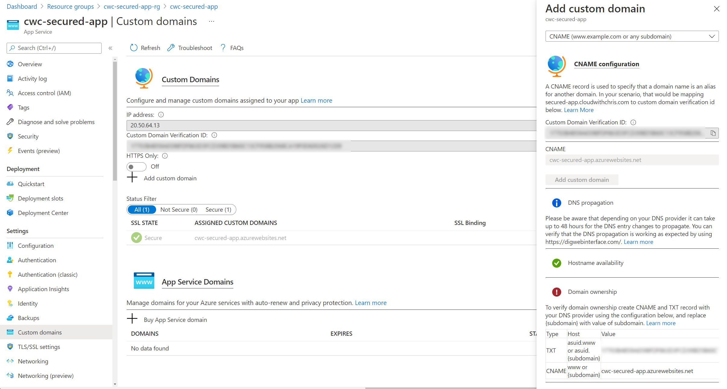Screenshot showing the initial check for the hostname