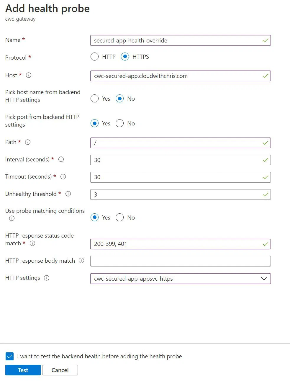 Screenshot showing the the Custom Health Probe being configured for our existing HTTP Setting Screenshot showing the the Custom Health Probe being configured for our existing HTTP Setting