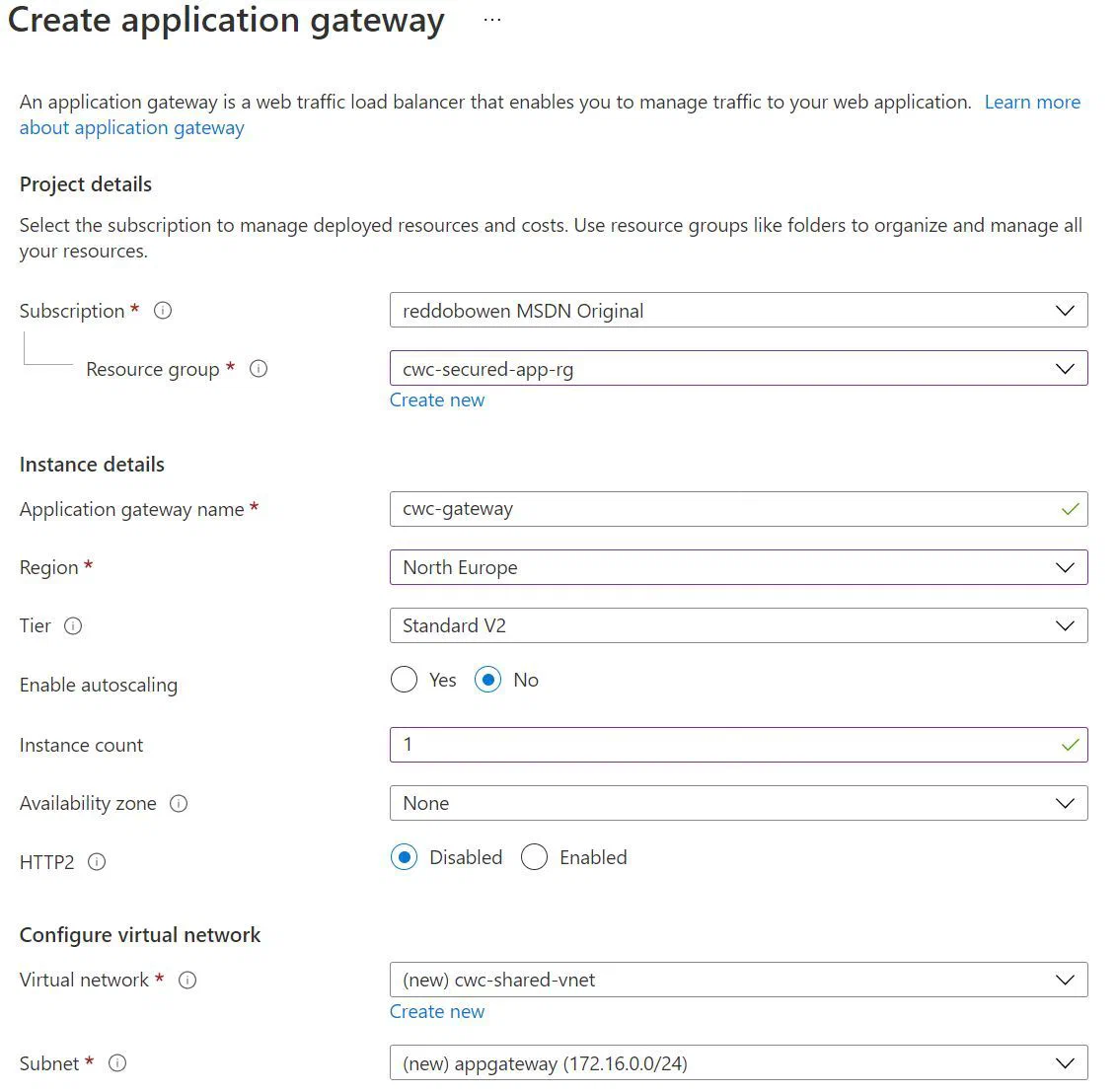 Screenshot showing the Basics tab of the Application Gateway creation experience Screenshot showing the Basics tab of the Application Gateway creation experience