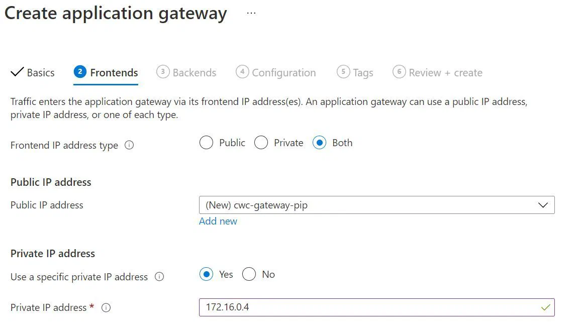 Screenshot showing the Frontends tab of the application gateway creation experience Screenshot showing the Frontends tab of the application gateway creation experience