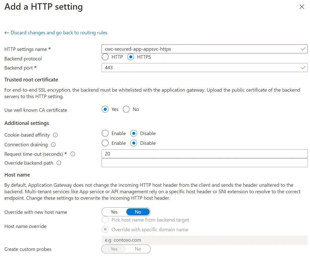 Screenshot showing the the HTTP Settings configuration in the Backend setup experience Screenshot showing the the HTTP Settings configuration in the Backend setup experience