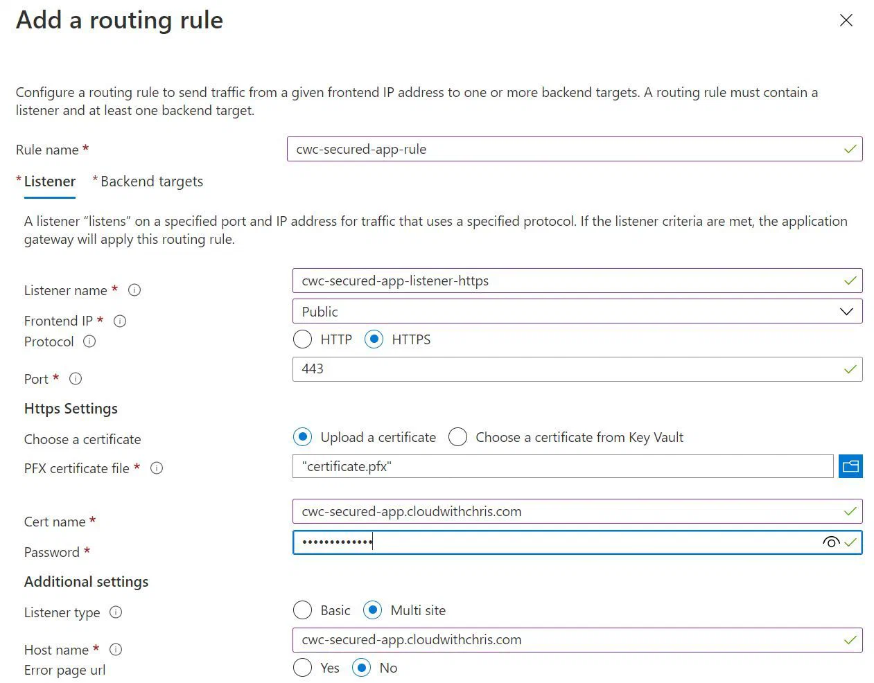 Screenshot showing the the listener configuration in the Routing Rule setup experience Screenshot showing the the listener configuration in the Routing Rule setup experience