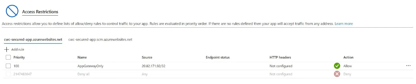 Screenshot showing the that one rule is allowed from the Application Gateway IP address, as well as a Deny All rule which is automatically created for us Screenshot showing the that one rule is allowed from the Application Gateway IP address, as well as a Deny All rule which is automatically created for us