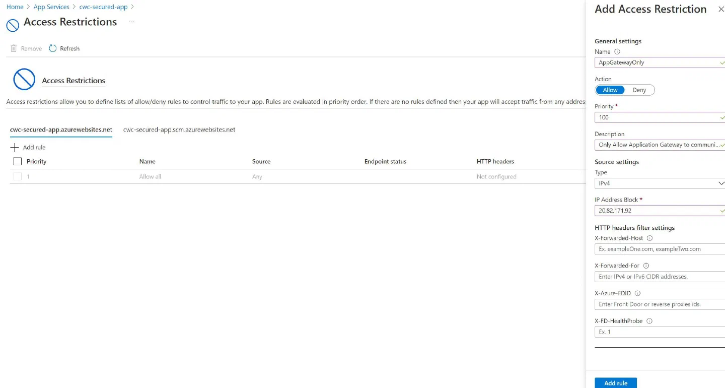 Screenshot showing the Access Restriction Rule being configured Screenshot showing the Access Restriction Rule being configured