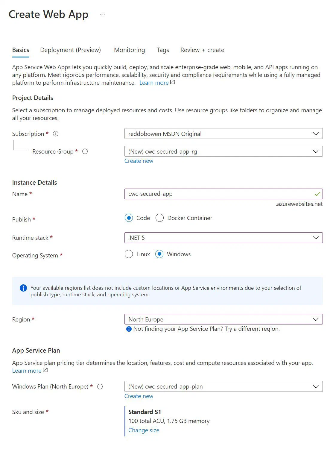 Screenshot showing the App Service settings that I used. This is for illustration purposes, and does not need to be replicated directly. Screenshot showing the App Service settings that I used. This is for illustration purposes, and does not need to be replicated directly.