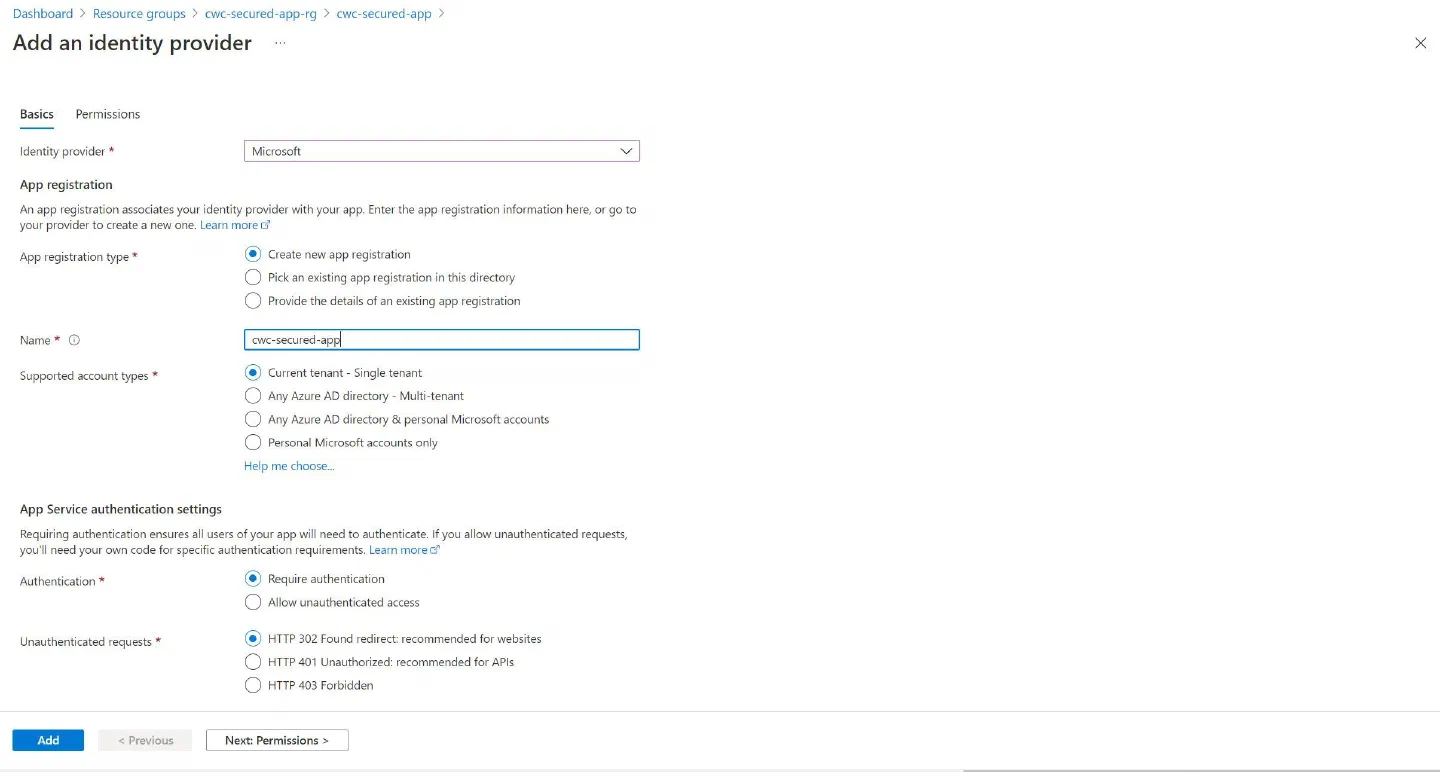 Screenshot showing the App Easy Auth configuration settings that I used, as explained above Screenshot showing the App Easy Auth configuration settings that I used, as explained above