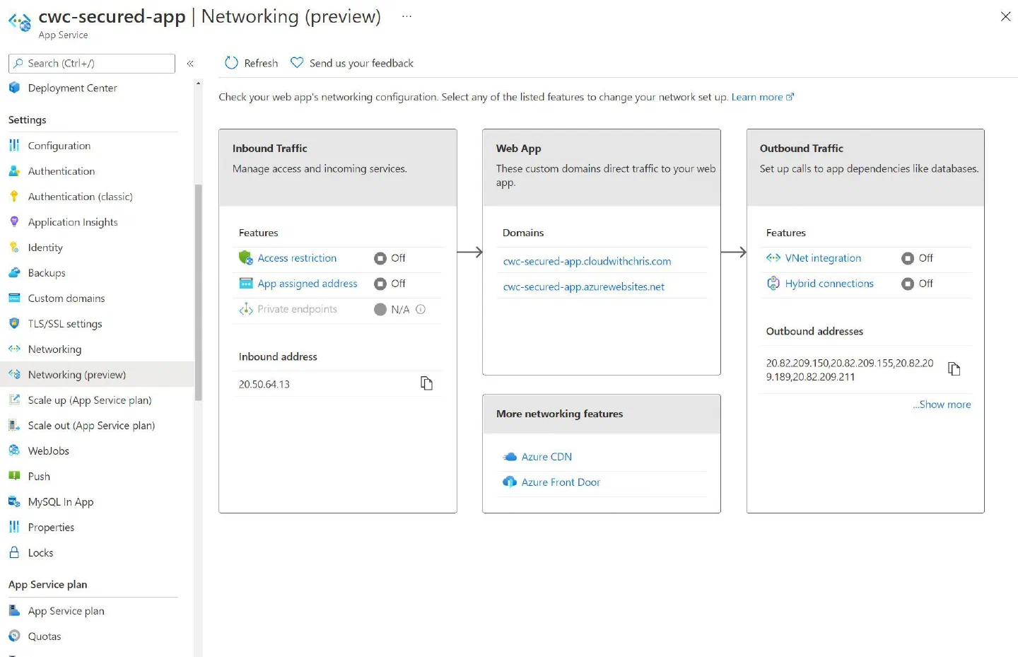 Screenshot showing the Networking (preview) UI within the App Service that we have been working on Screenshot showing the Networking (preview) UI within the App Service that we have been working on