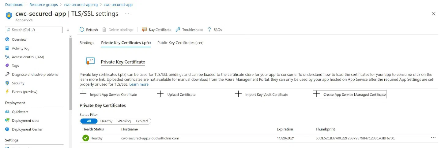 Screenshot showing that the certificate has now been created Screenshot showing that the certificate has now been created